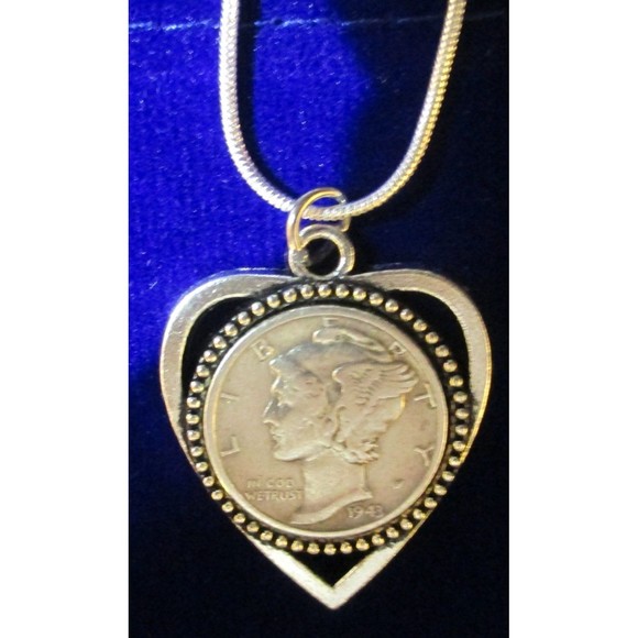 Sterling silver necklace 90% silver Mercury Dime, Cameo Love Heart +Gift Bag - Picture 1 of 4